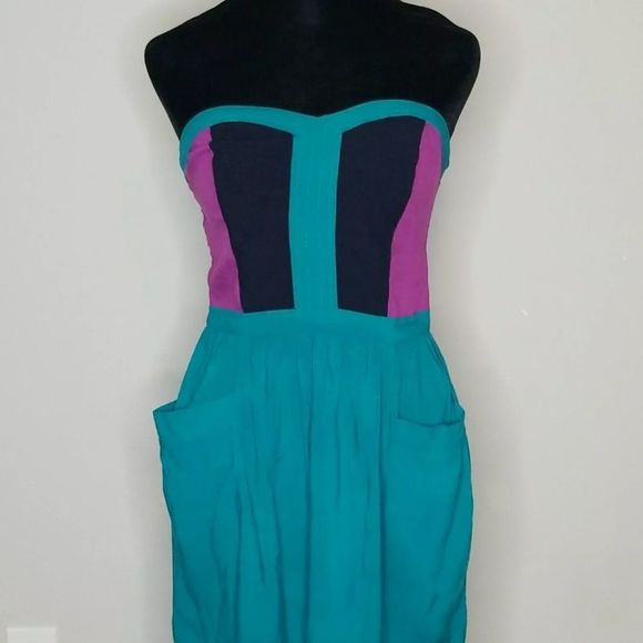 Xhiliration Junior's Strapless Teal, Black, and Purple Color Block Dress Size S - Picture 2 of 8